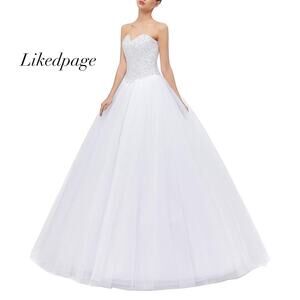 Likedpage White Beaded Bodice Tulle Ball Gown Bridal Wedding Dress NWOT Size 6
